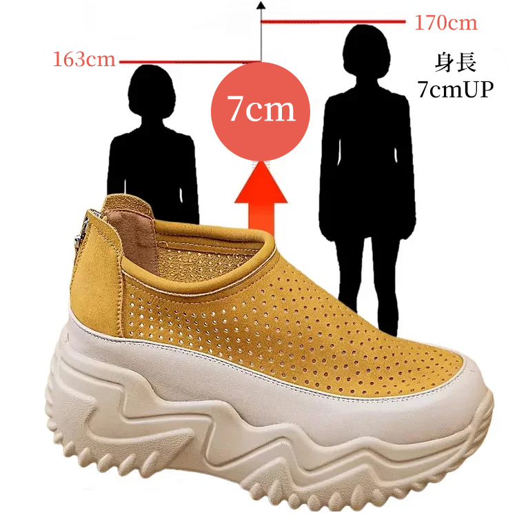 履くだけで自然に7cmスタイルアップできる厚底設計のスニーカー着用比較イメージ