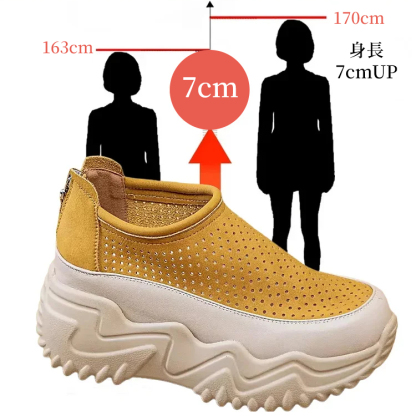 履くだけで自然に7cmスタイルアップできる厚底設計のスニーカー着用比較イメージ
