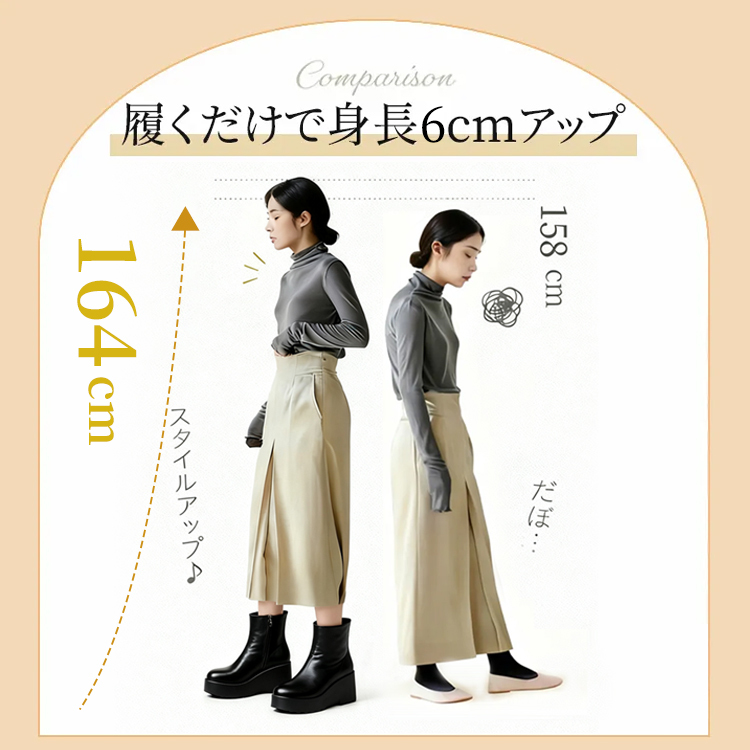 身長6cmアップ比較イメージ 厚底ショートブーツ着用によるスタイルアップ効果