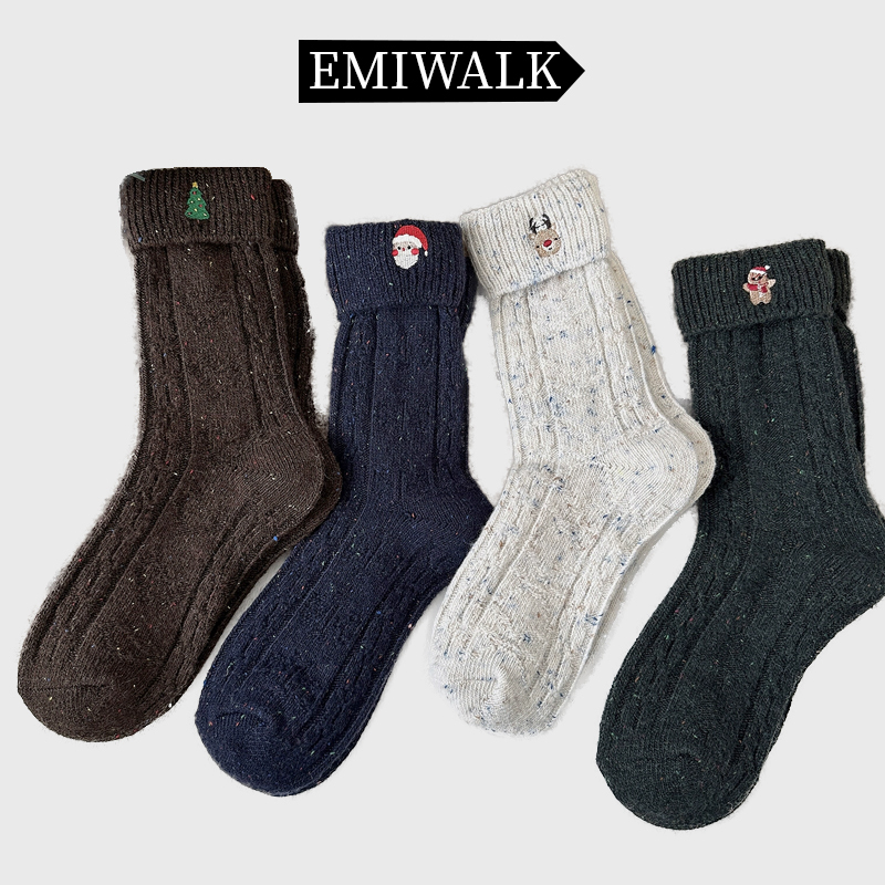 【クリスマス風】刺繍ウールミドルソックス-emiwalk