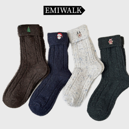 【クリスマス風】刺繍ウールミドルソックス-emiwalk