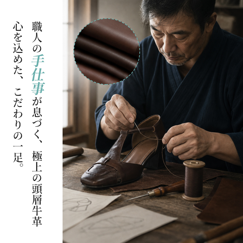 本革 Tストラップ パンプス 職人手仕事 牛革素材