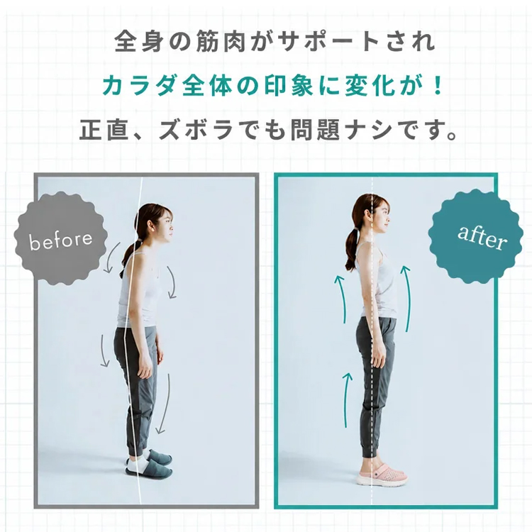 全身の姿勢矯正と背筋の伸びをイメージしたサイドビュー比較