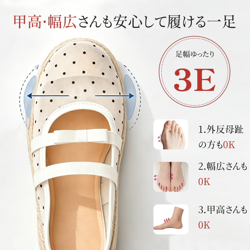 3Eゆったり幅広設計ドットメッシュ厚底ミュールサンダル 足型対応図 外反母趾対応
