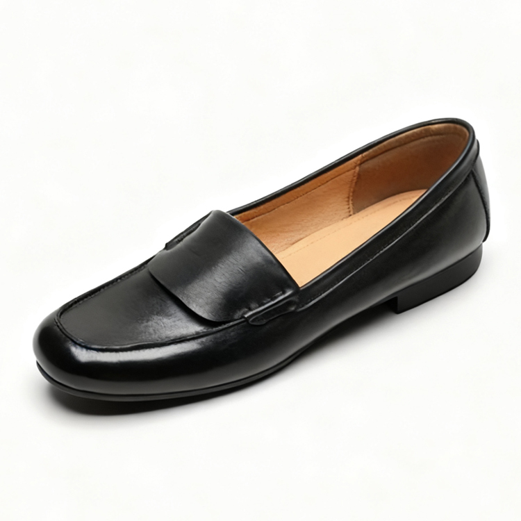 本革手縫いレディースフラットパンプス 柔らかソール 幅広2E 屈曲性ローファー