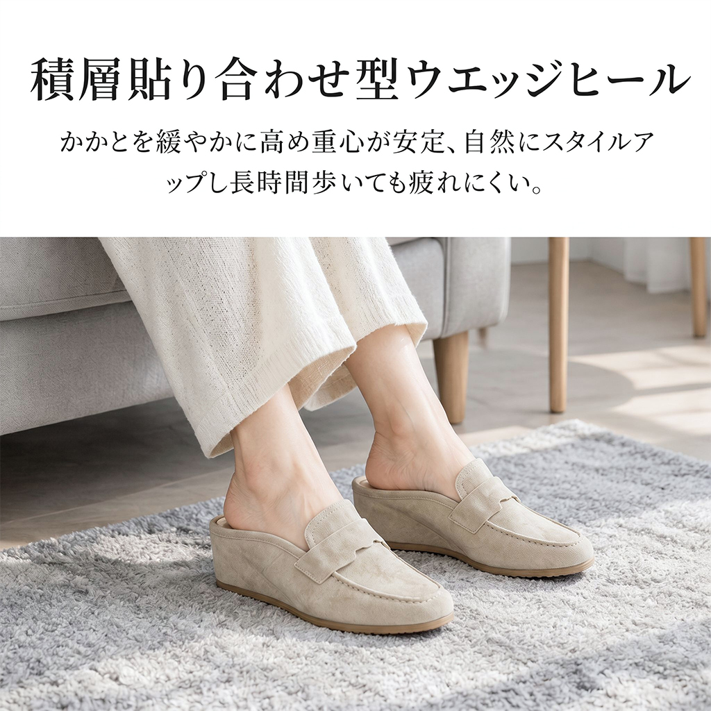 8cm ウェッジヒール スエードペニーローファーミュール レトロリラックスデザイン ワンステップオン 通勤・お出かけ対応 快適インヒールレディースシューズ