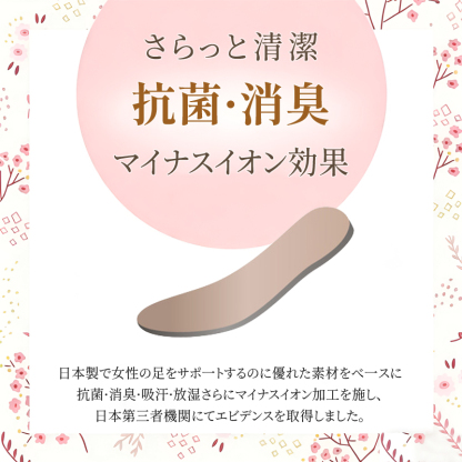 さらっと清潔な抗菌・消臭インソール 日本第三者機関の認証を受けたマイナスイオン効果