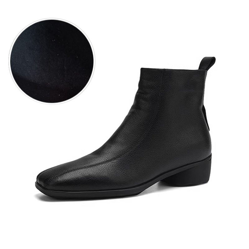 二層牛革 スクエアトゥ ショートブーツ 3cm太ヒール 裏起毛仕様 衝撃吸収