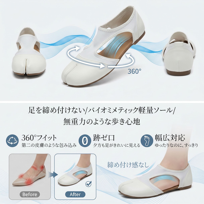 足袋型フラットパンプス_360度フィットするバイオミメティック軽量ソールの特徴とビフォーアフター