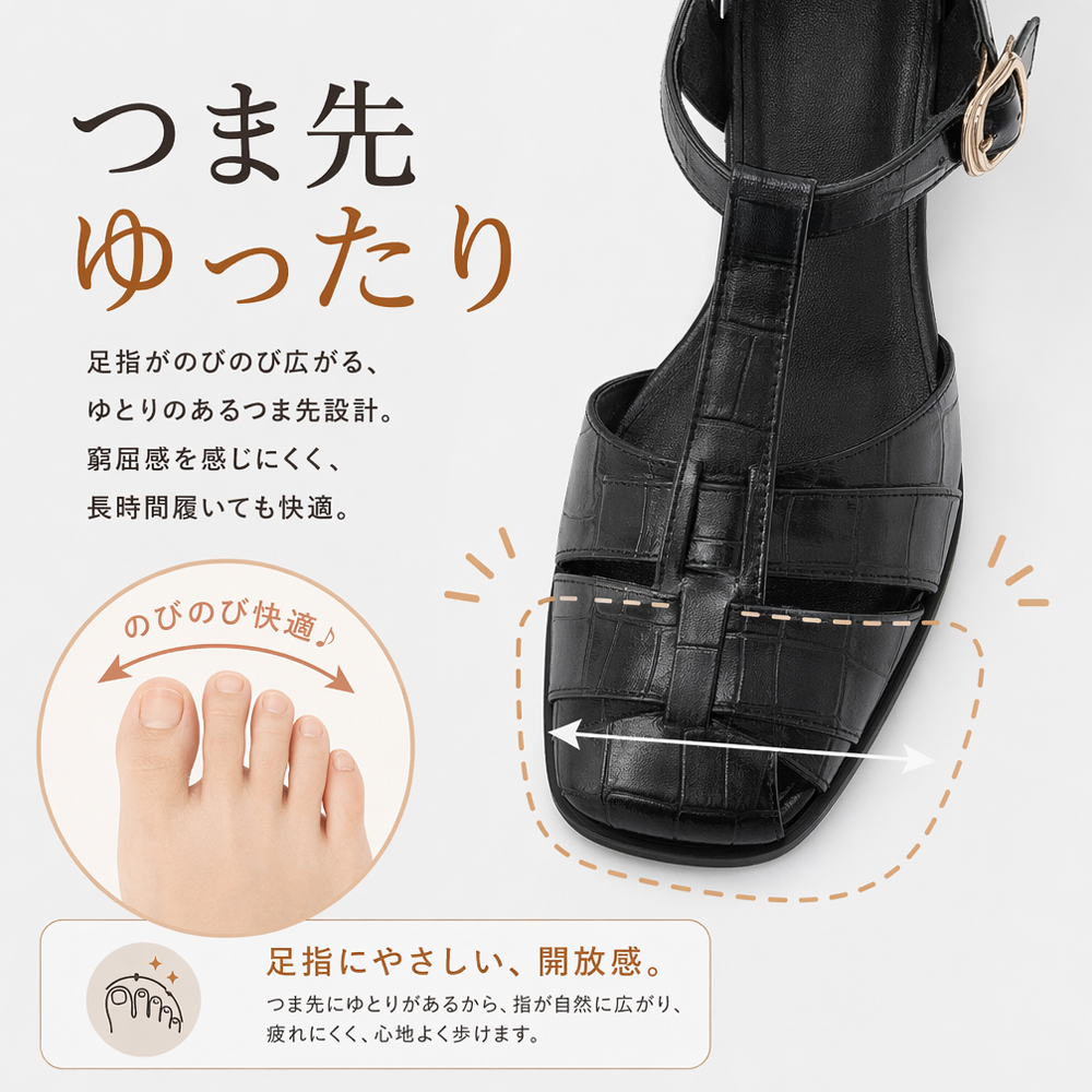 足指が自然に広がるゆとりのあるつま先設計とグルカサンダル前掌部分の拡大