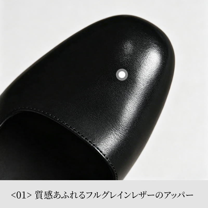 質感あふれるフルグレインレザー（牛革）アッパーの素材感クローズアップ