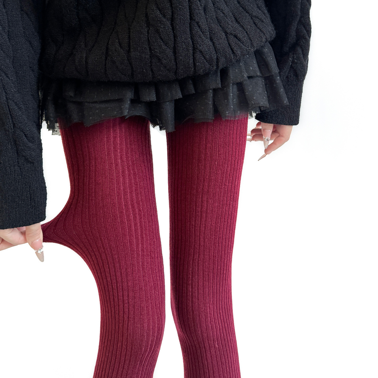 縦リブタイツ・ウール50%配合