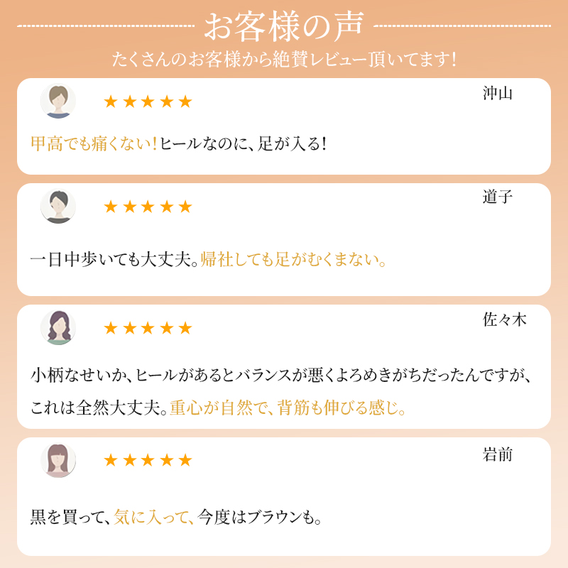 お客様の声 甲高でも痛くない・一日中歩いても足がむくまない等の高評価レビュー