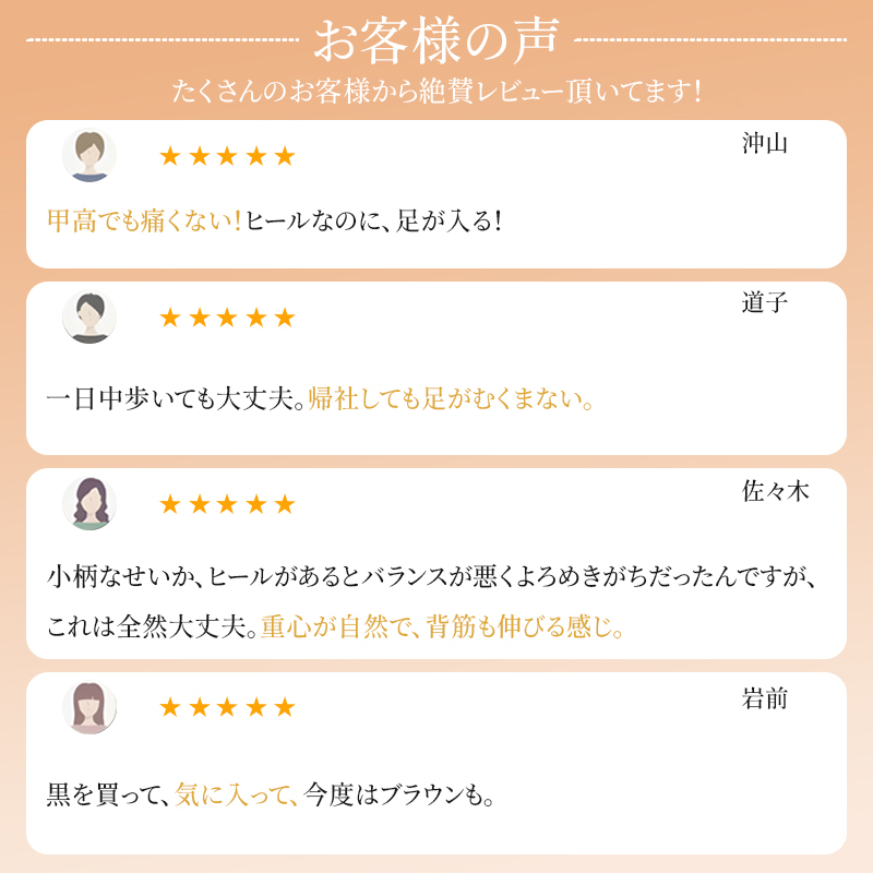 お客様の声 甲高でも痛くない・一日中歩いても足がむくまない等の高評価レビュー