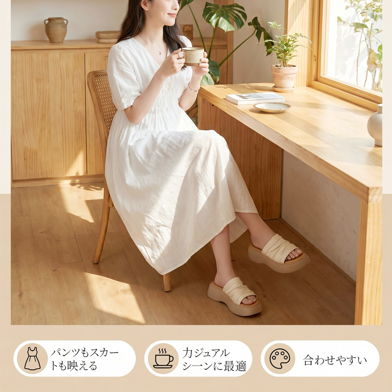 ギャザー厚底サンダル_おうちカフェシーンに馴染む大人カジュアルなワンピースコーデ