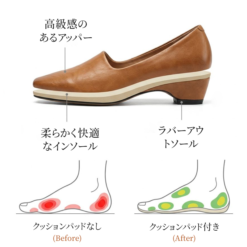 ミニマルなデザインを楽しめるレディースパンプス。ベージュ、ブラウン、ブラック、22〜25cmを展開しています。通勤用のパンツや休日のスカートに合わせて、主張しすぎない上品な足元をつくる一足です。