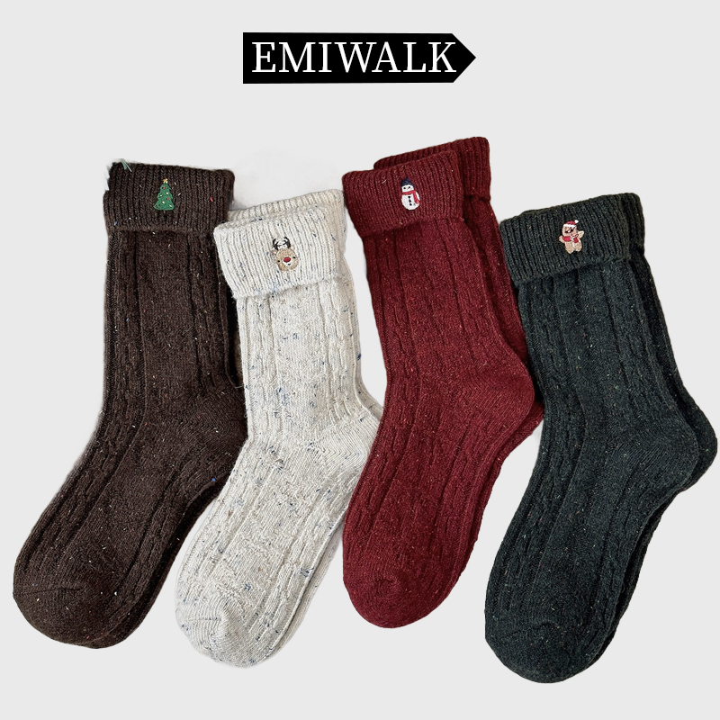 【クリスマス風】刺繍ウールミドルソックス-emiwalk