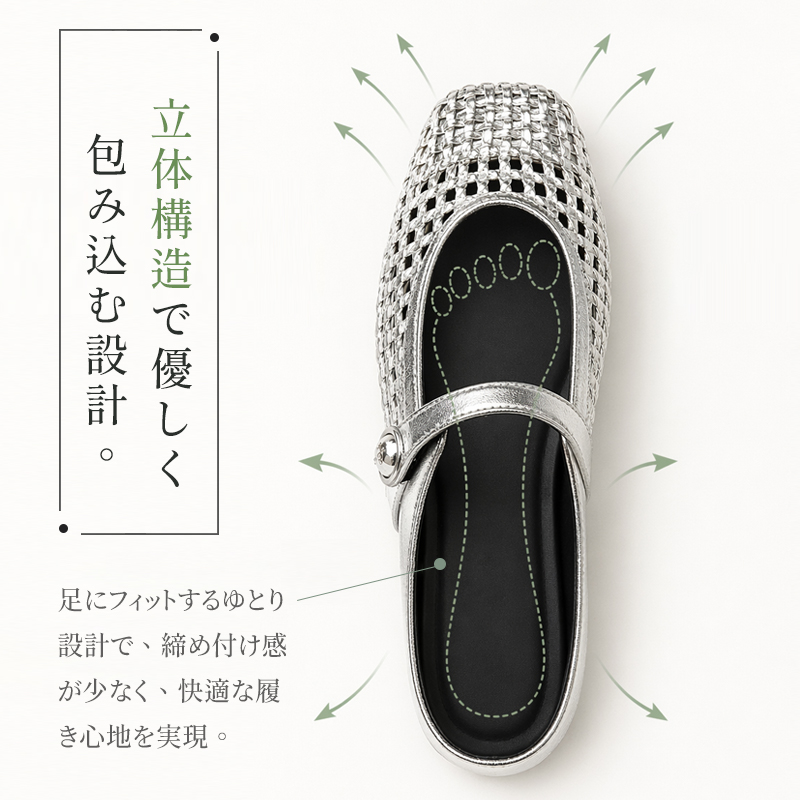 足にフィットするゆとり設計と立体構造で優しく包み込むメッシュミュール