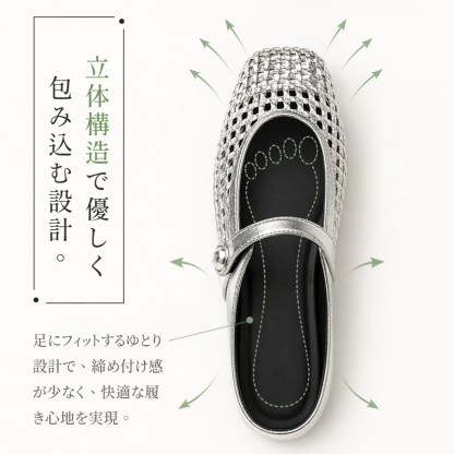 足にフィットするゆとり設計と立体構造で優しく包み込むメッシュミュール