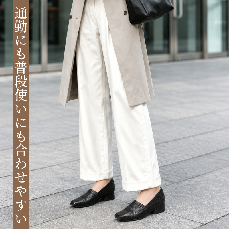 ヴィンテージ揉み加工本革シューズ｜3cm 上品ローブロックヒール スクエアトゥ編みデザイン、リラックス知的テイスト、柔らかレザーで靴擦れしにくい、都会大人女性向け通勤ローファー
