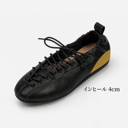 フランス風レースアップ編み込みフラットシューズ