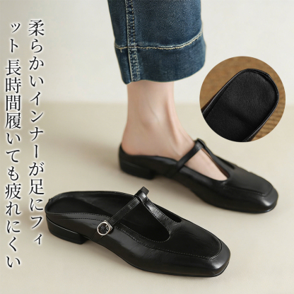 足にフィットして疲れにくい柔らかいインナー仕様のTストラップミュール