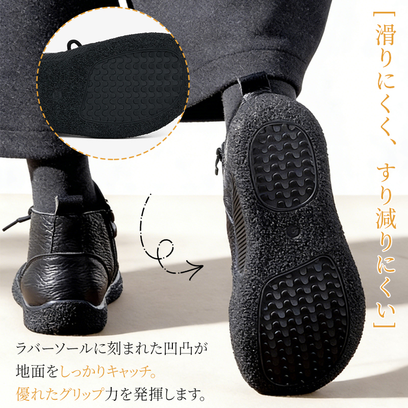 滑りにくいラバーソール 凹凸加工による強力なグリップ力の靴底詳細
