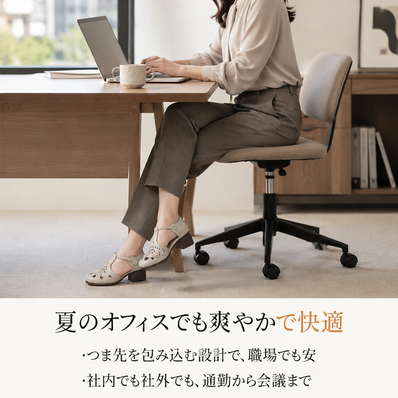 オフィスのデスクワーク環境におけるアイボリーパンプスの着用シーン