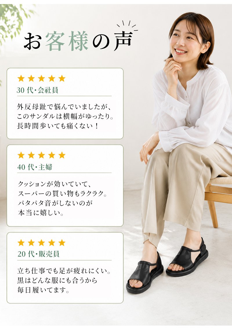 足にフィットする柔らかいレザーのサンダル履き心地イメージ