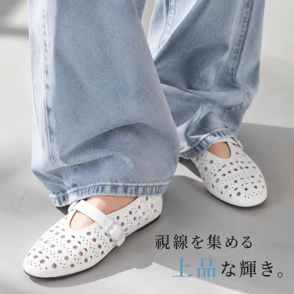 本革レーザーカット メリージェーン フラットパンプス