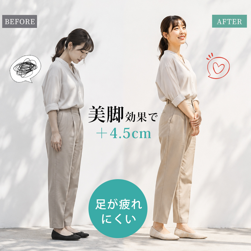 Emiwalk 美脚効果 +4.5cm 着用ビフォーアフター 姿勢改善 通勤スタイル