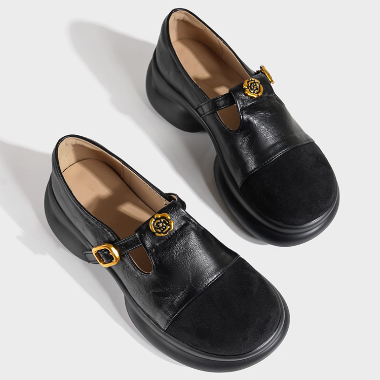 本革レディース厚底メリージェーン 5cmヒールアップ 子羊革 スエード 3E 幅広設計