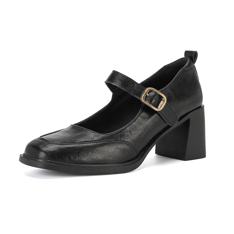 牛革スクエアトゥメリージェーンパンプス 4.5cm/6.5cm静音太ヒール - Emiwalk