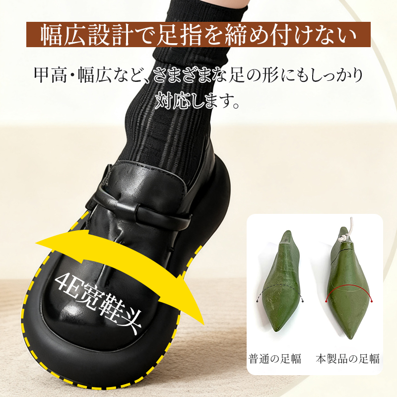 つま先を締め付けない4E幅広設計と通常サイズとの比較イメージ