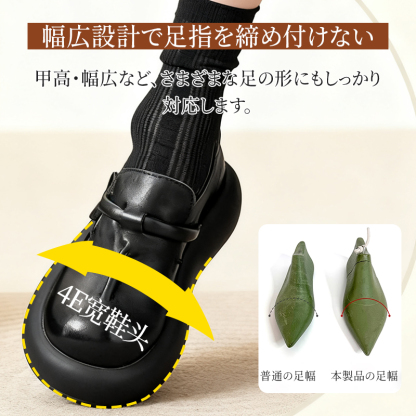 つま先を締め付けない4E幅広設計と通常サイズとの比較イメージ