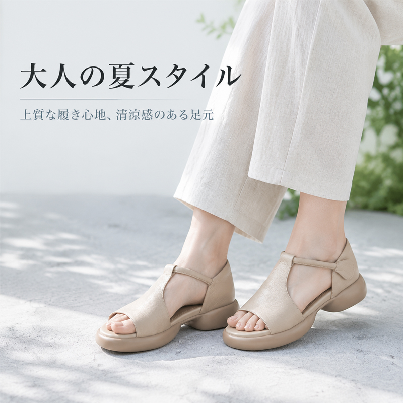 本革 Tストラップ 厚底サンダル 白 清潔感のある大人カジュアル