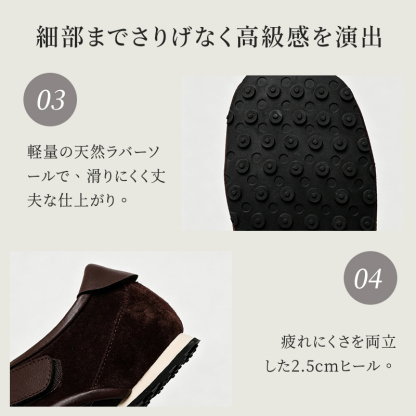 レディースシューズ ソール裏面とヒール部分 2.5cmヒールと天然ラバーソールの質感