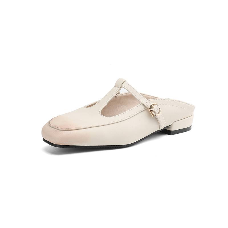 スクエアトゥTストラップミュール（低めヒール・歩きやすい）