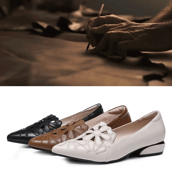 熟練の職人によるレザー裁断工程とポインテッドトゥパンプスのサイドフォルム