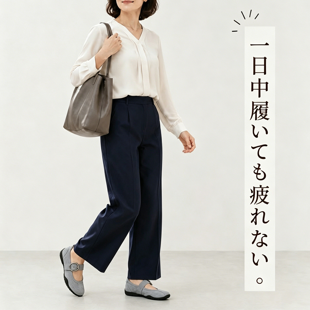 Emiwalk スエードパンプス グレー ネイビーパンツ着用 オフィス通勤コーディネート