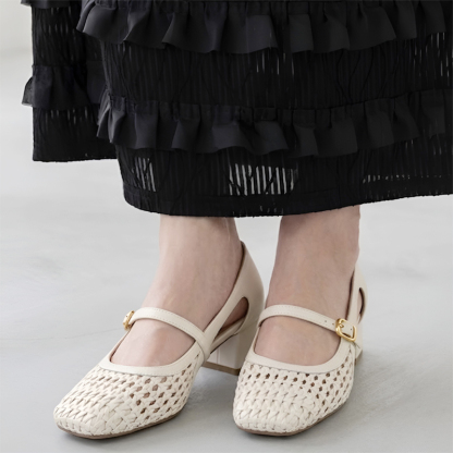  レディース編み込みデザイン スクエアトゥサンダル