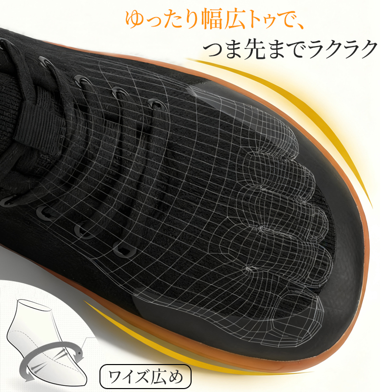 幅広スニーカー つま先ゆったり設計 ワイズ広め 外反母趾対策イメージ