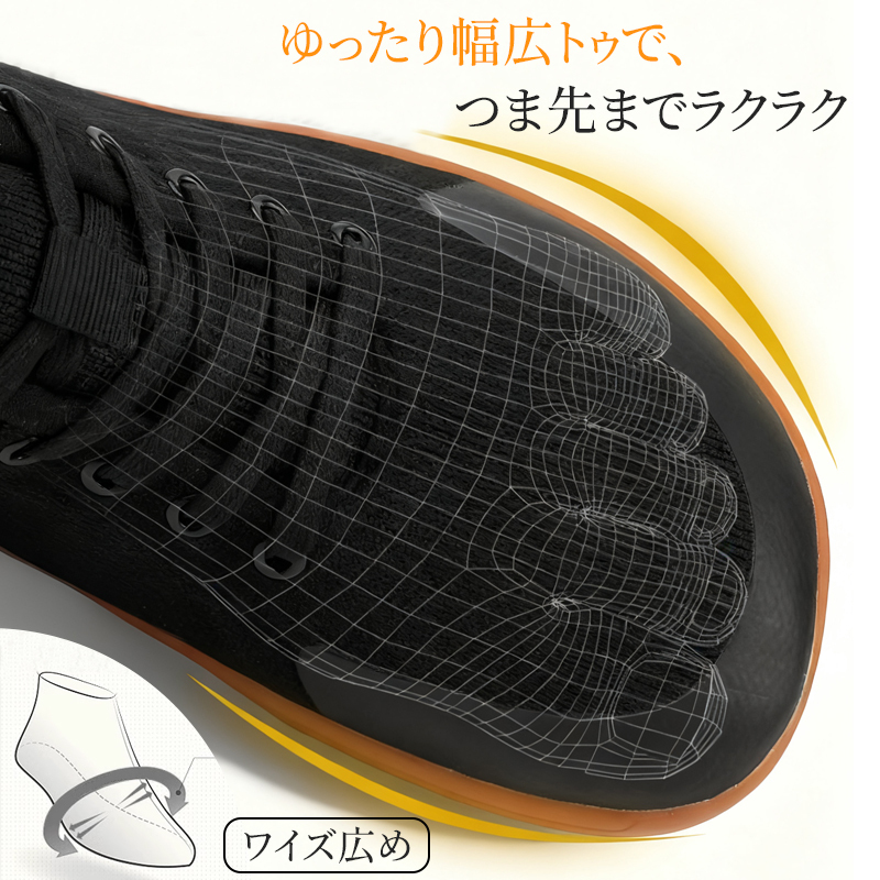 幅広スニーカー つま先ゆったり設計 ワイズ広め 外反母趾対策イメージ