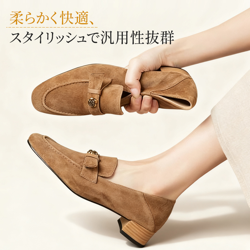 シープスエード 花モチーフ ローファー 2.5cmヒール 防寒 暖冬仕様