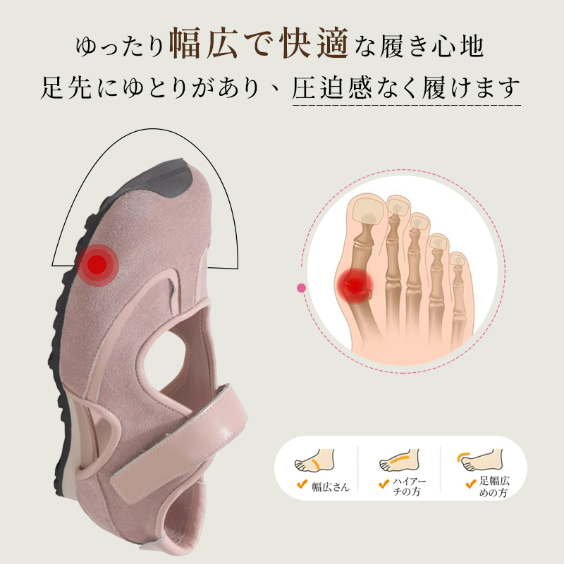 外反母趾対応シューズ 幅広設計の足先ゆとり構造 解説イラスト