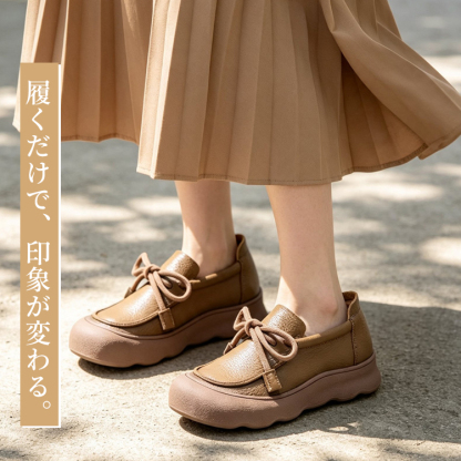本革コンフォートシューズ キャメル プリーツスカート きれいめお出かけコーデ