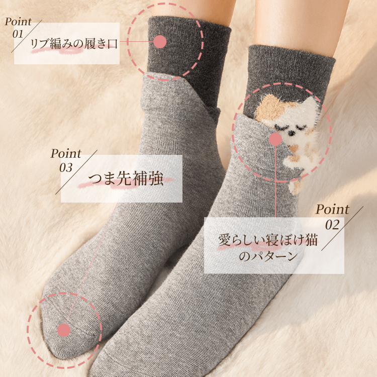 リブ編みの履き口、愛らしい猫のパターン、つま先補強の3大ポイント紹介
