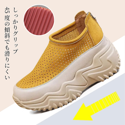 45度の傾斜でも滑りにくい高いグリップ力と耐摩耗性を備えた厚底ソールの機能性