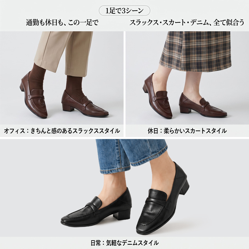 Emiwalk 通勤ペニーローファー 3cm ブロックヒール 高級レザー 豚革インソール ゴム底 オフィスシューズ