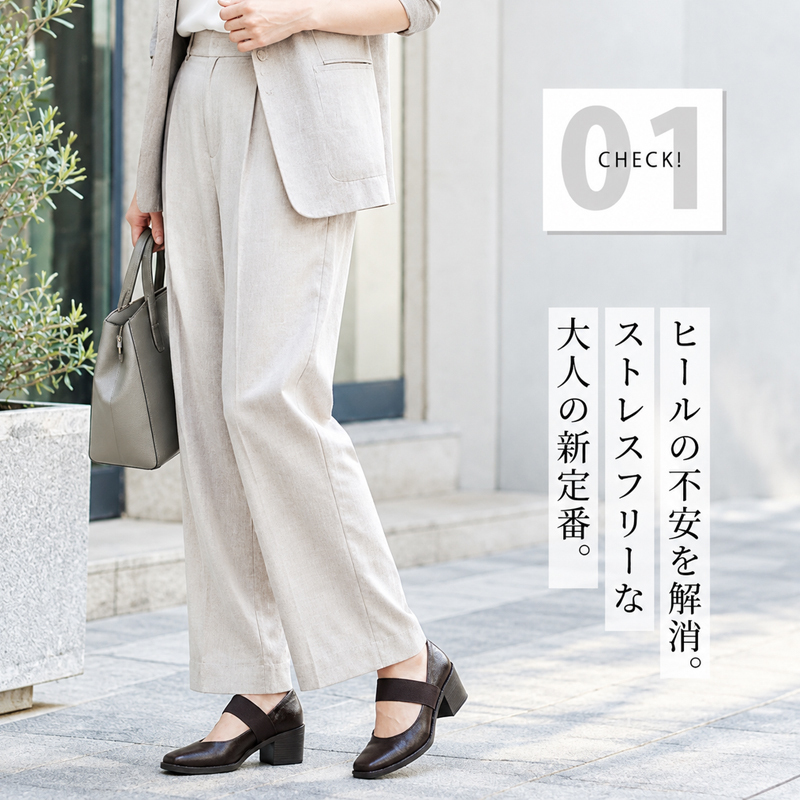 【5.5cm太ヒール】幅広ゴムベルト付きスクエアトゥパンプス｜安定感・美脚見え・歩きやすい